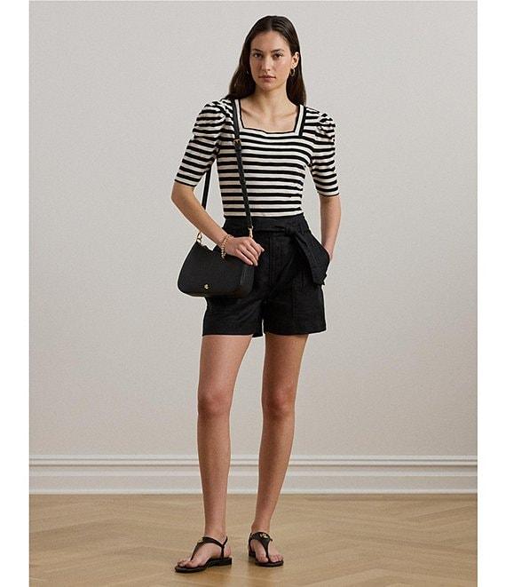 Lauren Ralph Lauren Cotton Jersey Striped Square Neck Puff Sleeve Tee Product Image