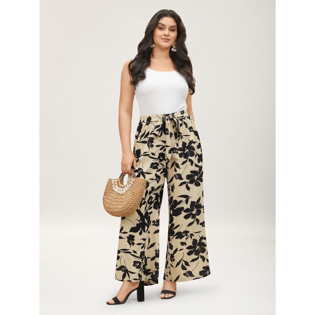 Plus Size Silhouette Floral Print Ties Side Seam Pocket Pants Women Champagne Elegant Wide Leg High Rise Everyday Pants BloomChic 10/M Product Image
