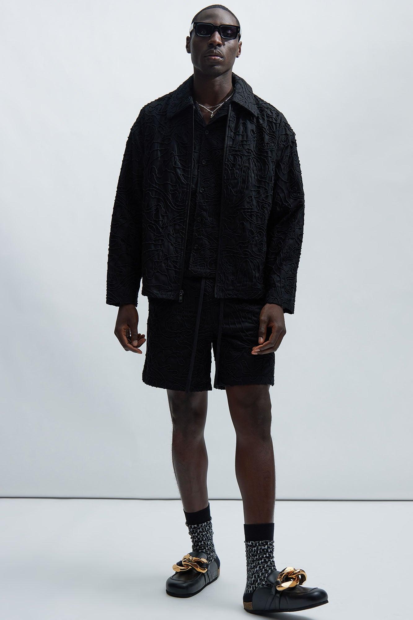 Swirl Jacquard Linen Boxy Jacket - Black Product Image