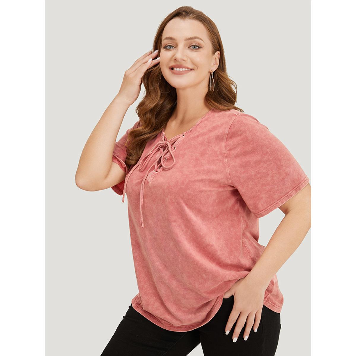 Plus Size Solid Lace Up Crew Neck Vintage T-shirt Rust Women Casual Cross straps Plain Round Neck Dailywear T-shirts BloomChic 12/L Product Image