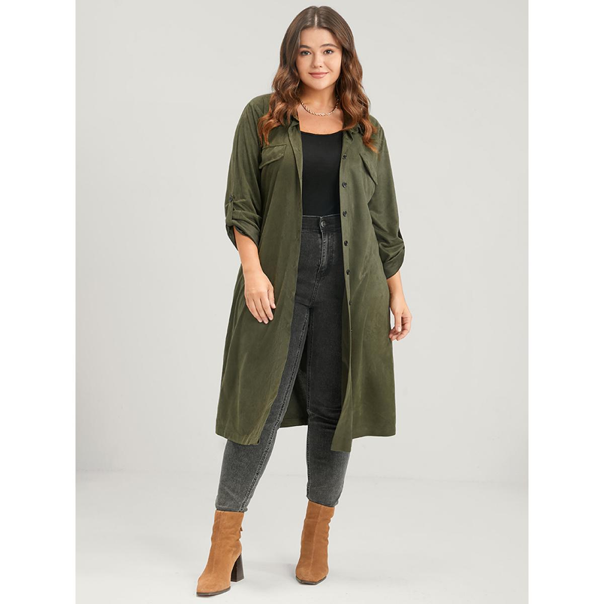 Plus Size Solid Cuffed Sleeve Pocket Button Down Belted Coat Women ArmyGreen Casual Belted Ladies Dailywear Winter Coats BloomChic 14-16/1X Product Image