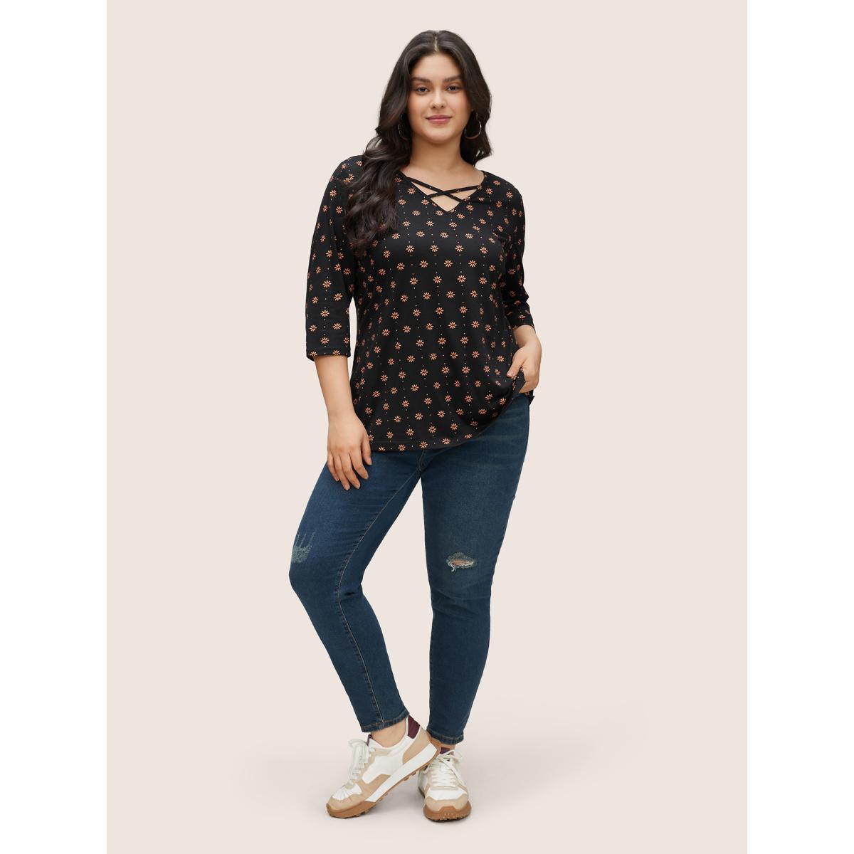 Plus Size Ditsy Floral Print Crisscross Neck T-shirt BlackFlower Women Casual Cross straps Ditsy Floral V-neck Everyday T-shirts BloomChic 30/6X Product Image