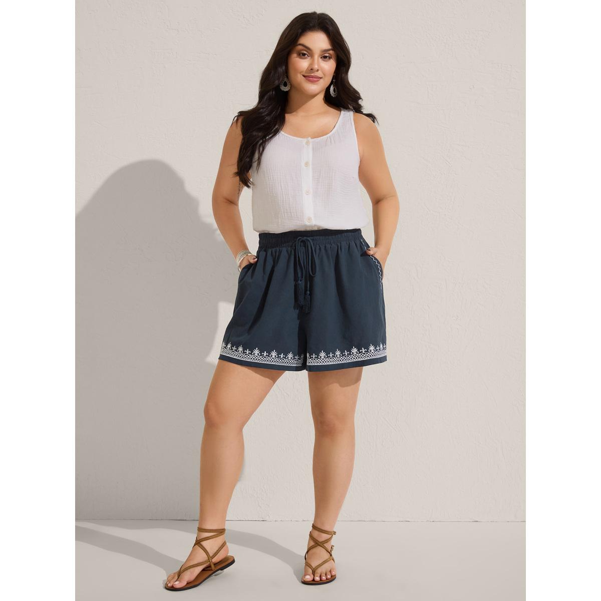 Plus Size Cotton Embroidered Hem Wide-Leg Solid Shorts Women Midnight Boho Embroidered Wide Leg Vacation Shorts BloomChic 26/4X Product Image