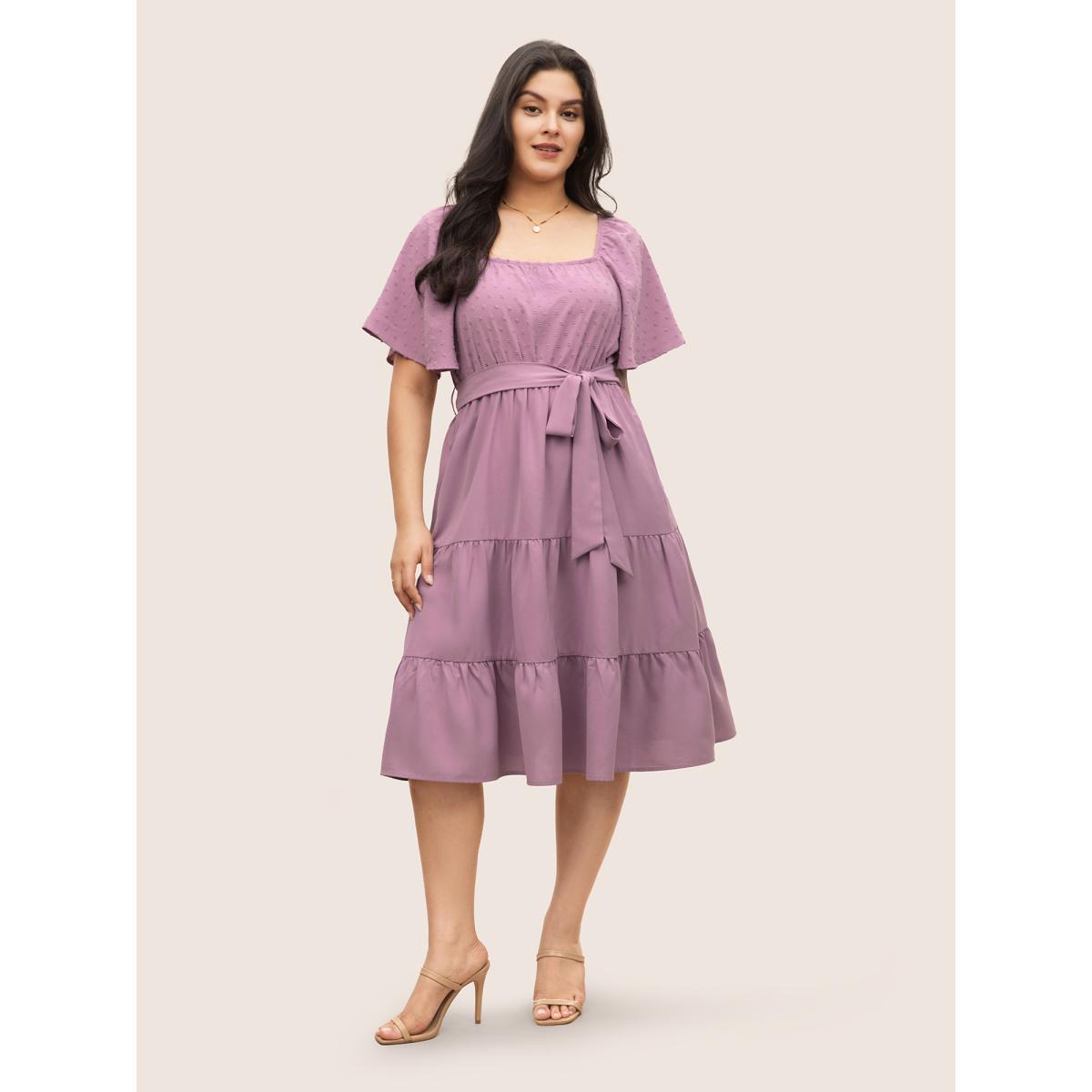 Plus Size Plain Textured Ruffle Layered Hem Belted Dress Lilac Women Elegant Non Square Neck Short sleeve Curvy Midi Dress BloomChic 12/L Product Image