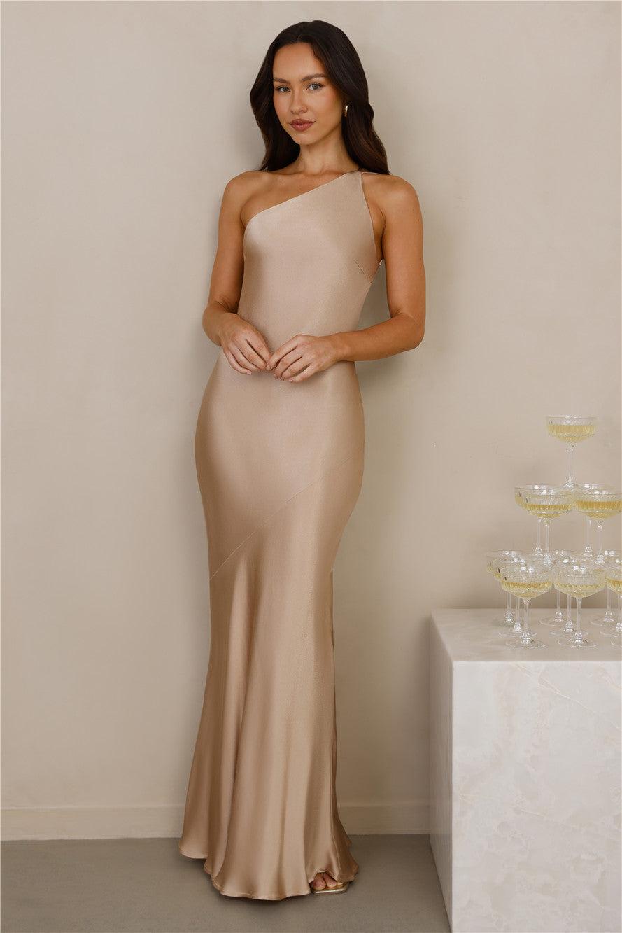 The Evangeline One Shoulder Satin Maxi Dress Champagne Product Image