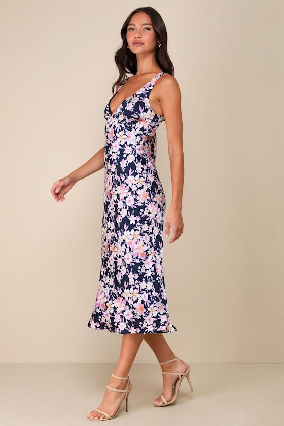 Admirable Charmer Navy Blue Floral Satin Tie-Back Midi Dress Product Image