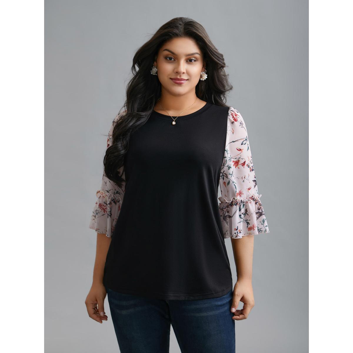 Plus Size Floral Print Patchwork Ruffle Sleeve T-Shirt Black Women Elegant Contrast Round Neck Everyday T-shirts BloomChic 14-16/1X Product Image