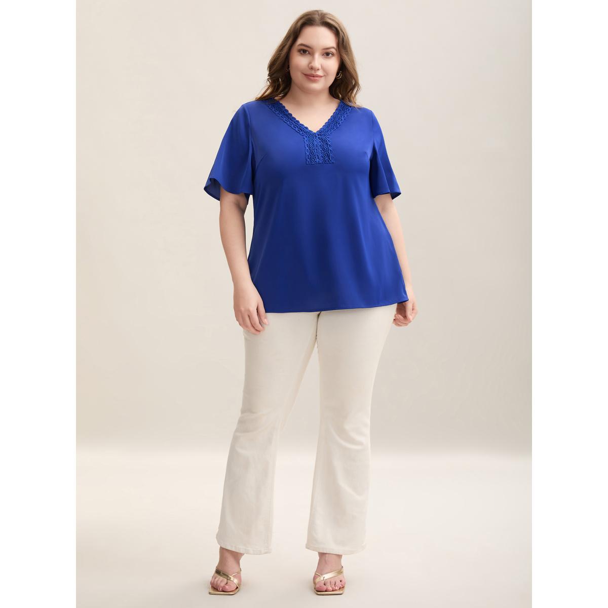 Plus Size Black Sheer Grid Neck Keyhole Blouse Women Short sleeve Round Neck Work Blouses BloomChic 12/L Product Image