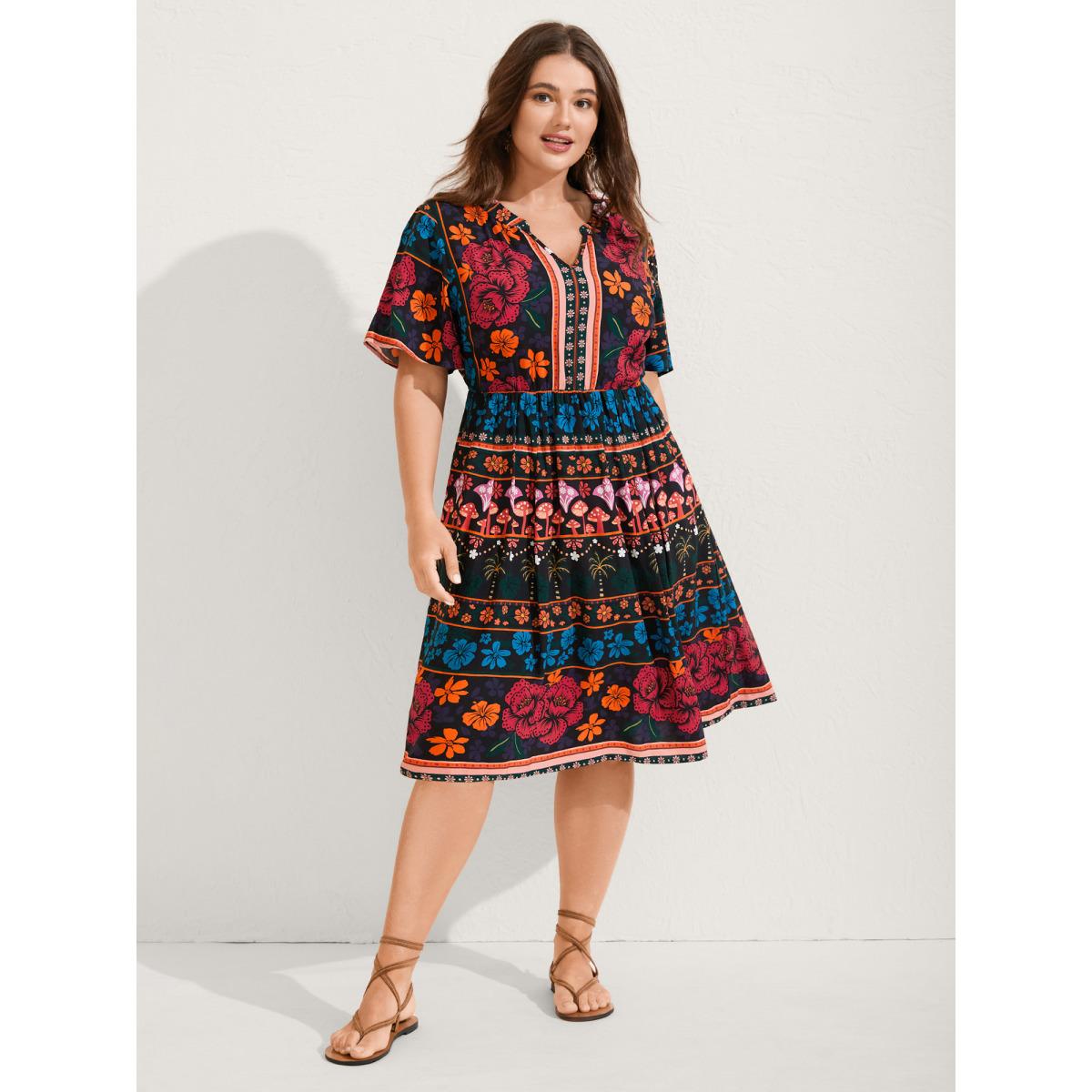 Plus Size Boho Floral Print Notched Collar Midi Dress Black Women Notched collar Short sleeve Curvy BloomChic 10/M Product Image