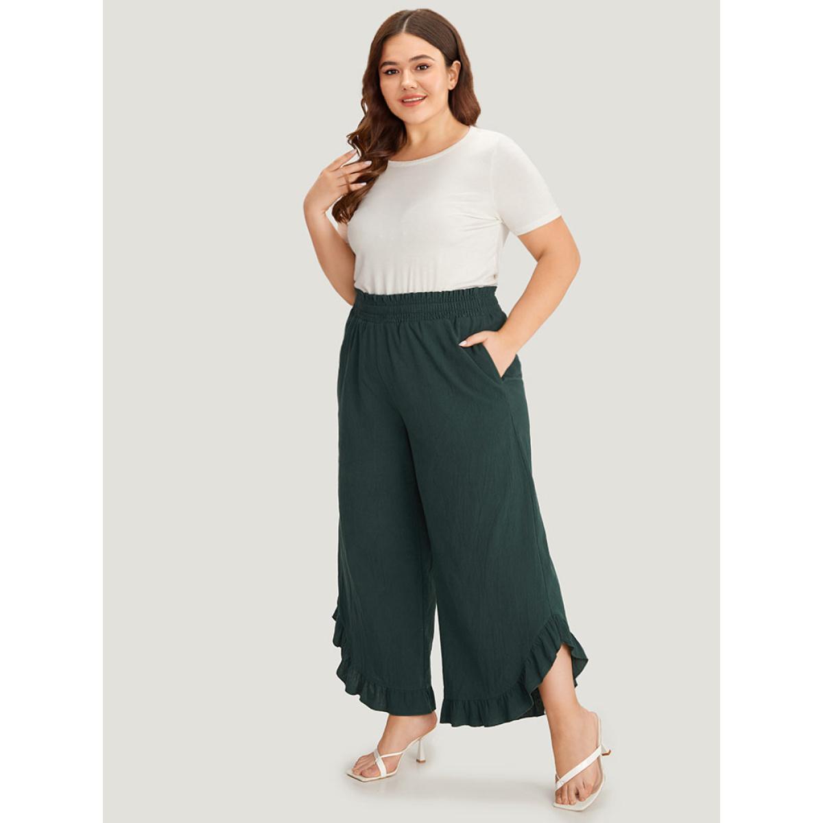 Plus Size Solid Ruffle Trim Pocket Paperbag Waist Pants Women DarkGreen Elegant Wide Leg Mid Rise Dailywear Pants BloomChic 10/M Product Image