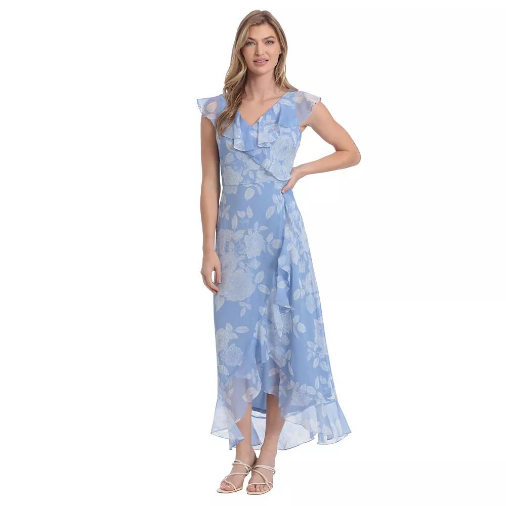 Women's London Times Ruffled Maxi Dress, Size: 4, Blue White Product Image