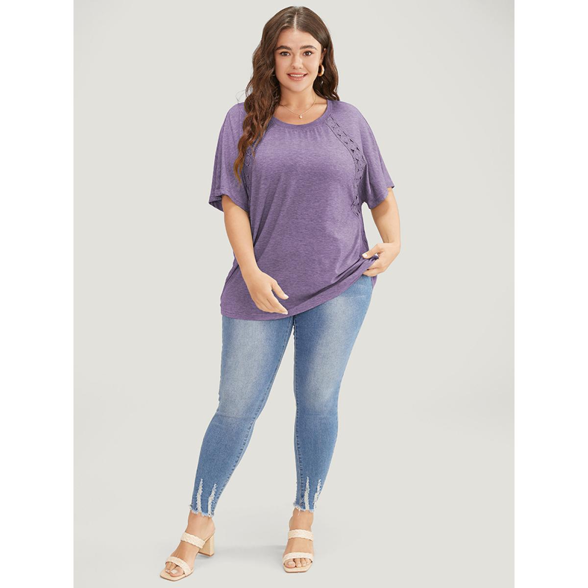 Plus Size Solid Contrast Lace Ruffle Sleeve T-shirt Mauve Women Elegant Lace Plain Round Neck Everyday T-shirts BloomChic 28/5X Product Image