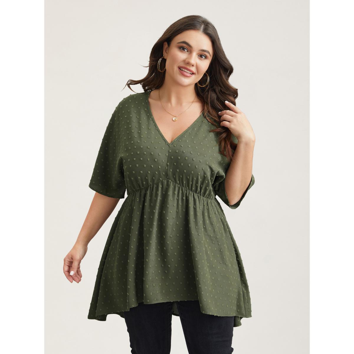 Plus Size ArmyGreen Textured Hi-Low Hem Pockets Shirt Women Casual Half Sleeve V-neck Everyday Blouses BloomChic 30/6X Product Image