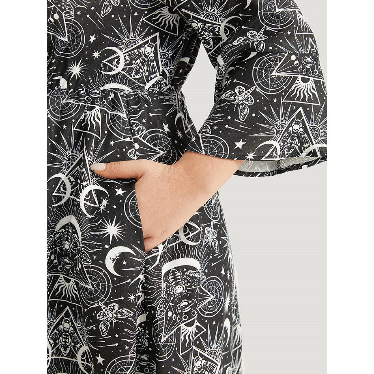 Plus Size Halloween Moon & Star Lace Up Pocket Bell Sleeve Dress Black Women Office Cross straps Round Neck Elbow-length sleeve Curvy Knee Dress BloomChic 30/6X Product Image