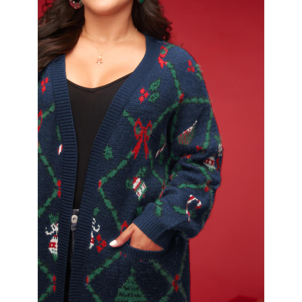 Plus Size Festive Plaid Pattern Open-Front Cardigan Navy Women Casual Loose Long Sleeve Everyday Cardigans BloomChic 18-20/2X Product Image