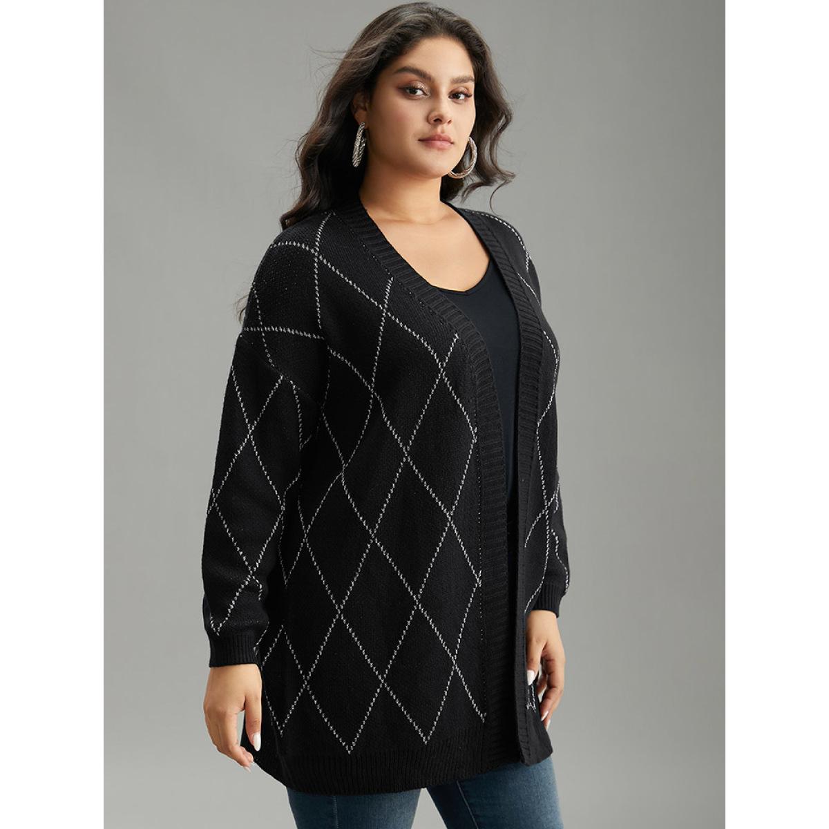 Plus Size Sparkly Plaid Open Front Cardigan Black Women Casual Loose Long Sleeve Dailywear Cardigans BloomChic 18-20/2X Product Image