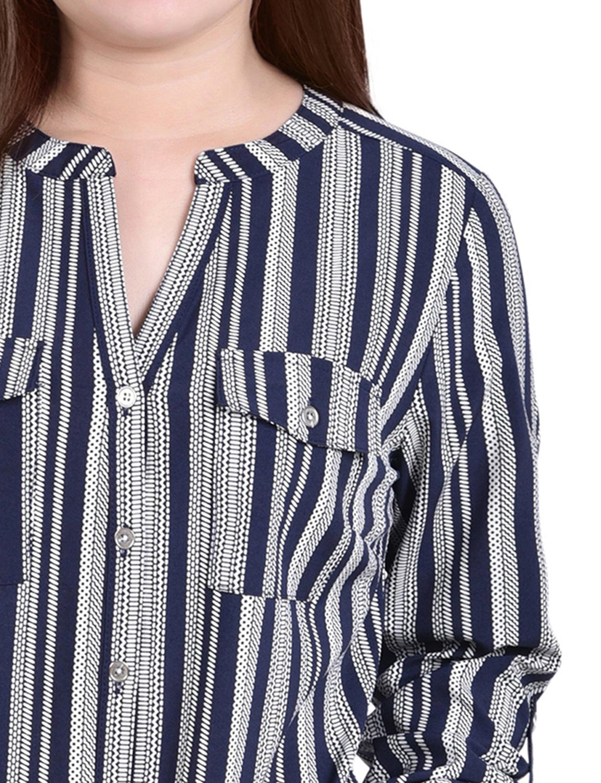 Navy White Stripe 3/4 Roll Tab Sleeve Mandarin Collar Blouse - Petite Product Image