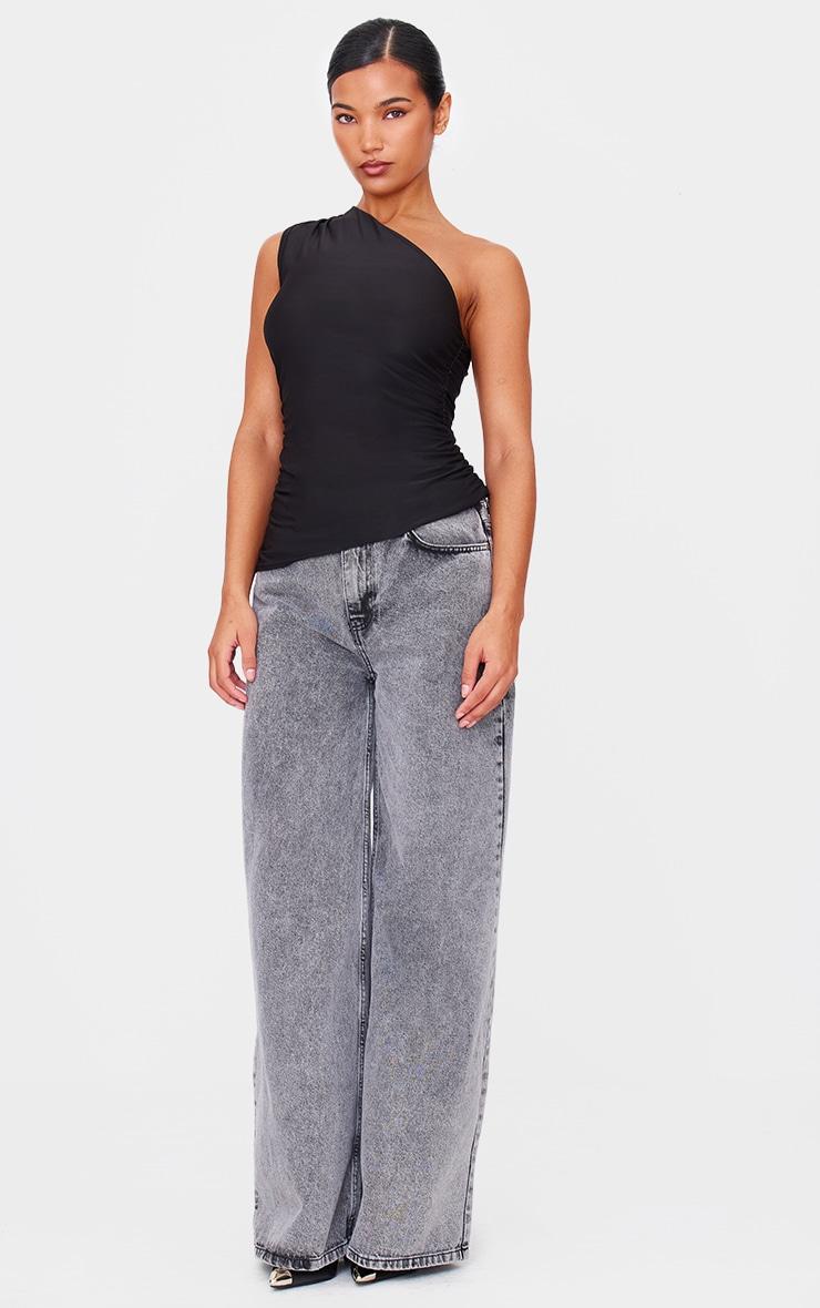 Black Asymmetric Ruched Side Longline Top Product Image