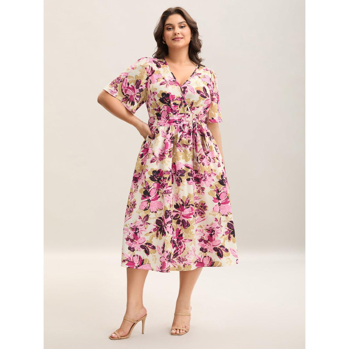 Plus Size Floral Pattern Pockets Surplice Midi Dress Rosered Women Overlap Collar Half Sleeve Curvy BloomChic 14-16/1X Product Image