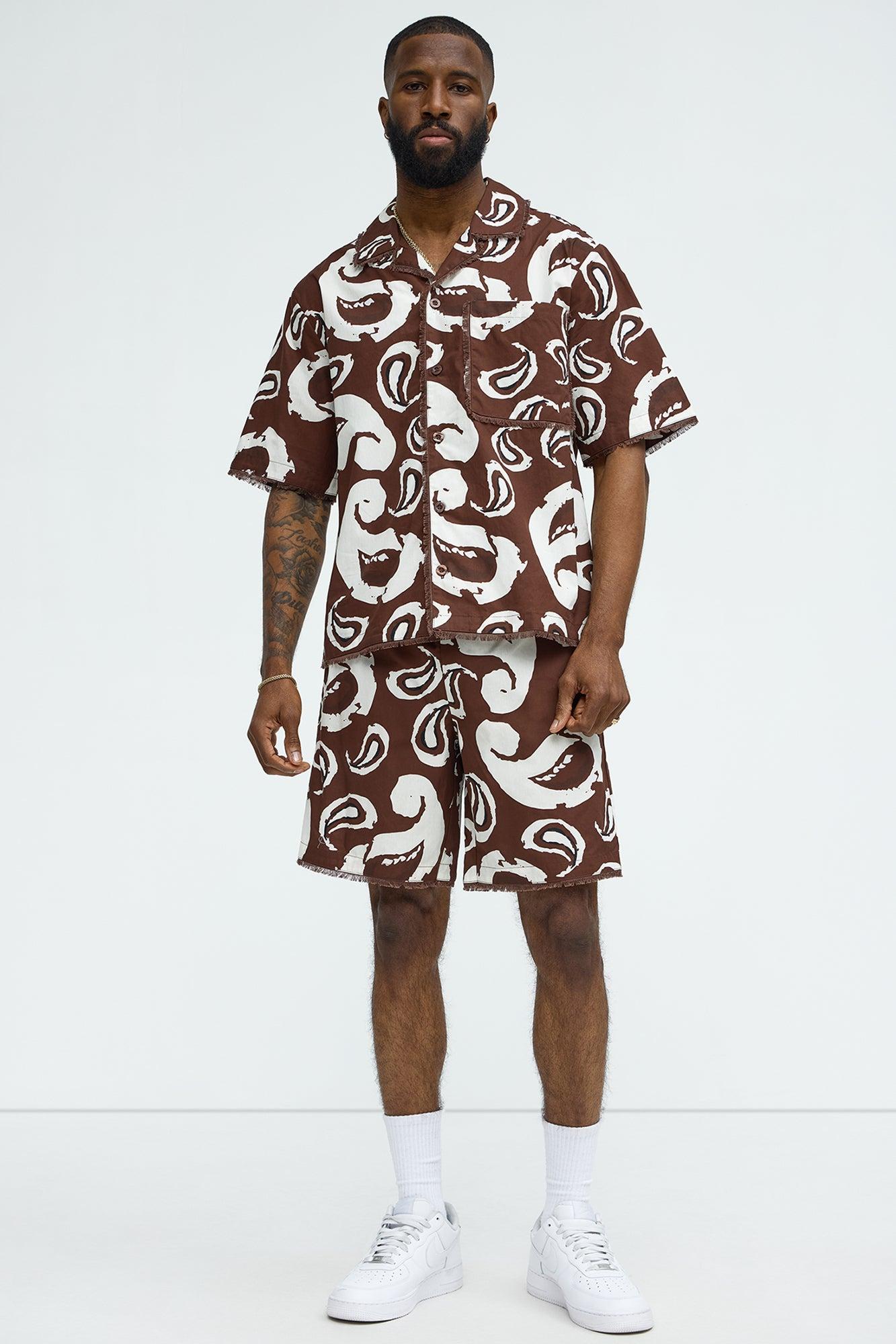 Paisley Print Frayed Shirt - Brown/combo Product Image
