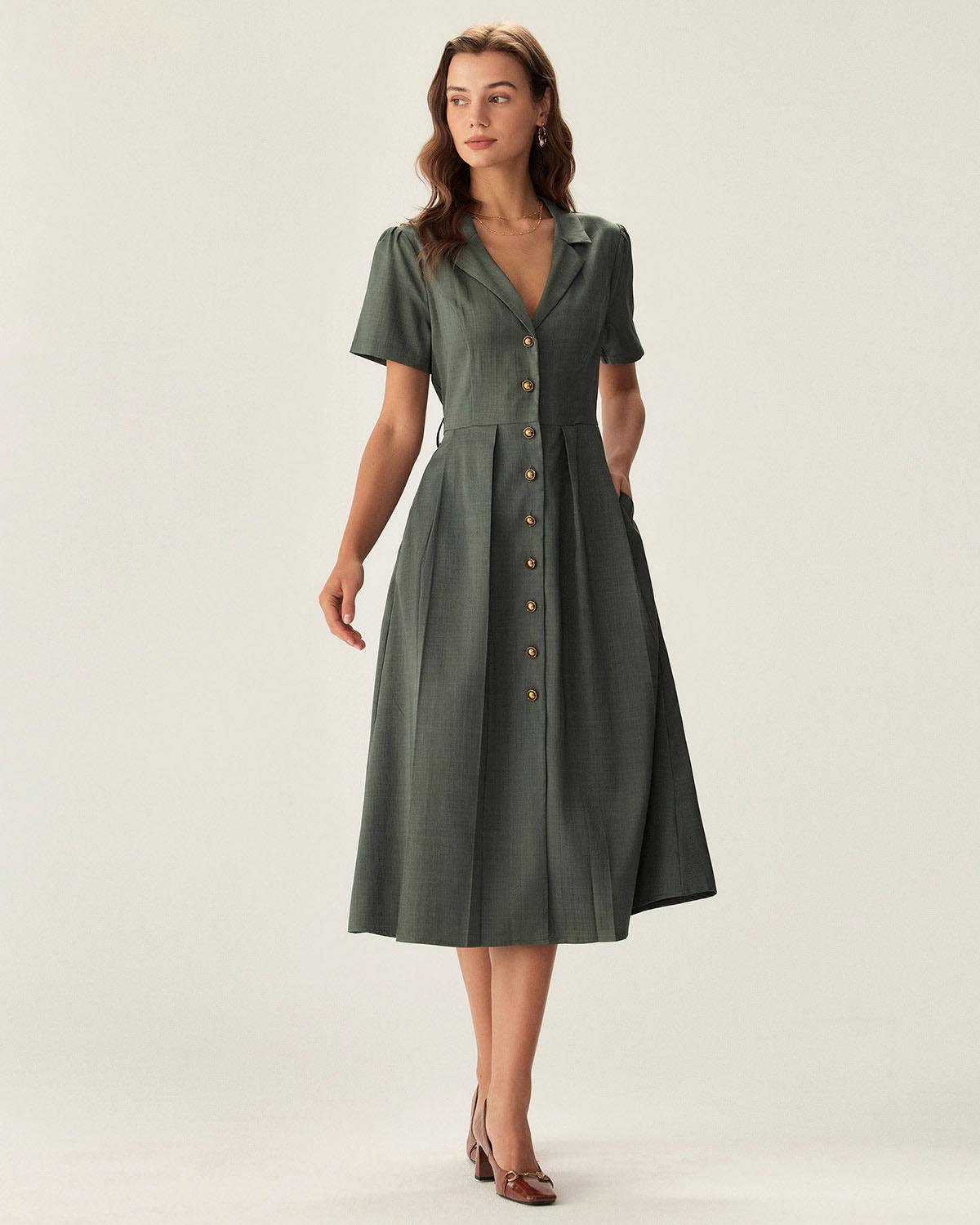Green V Neck Pleated Button Midi Dress Product Image