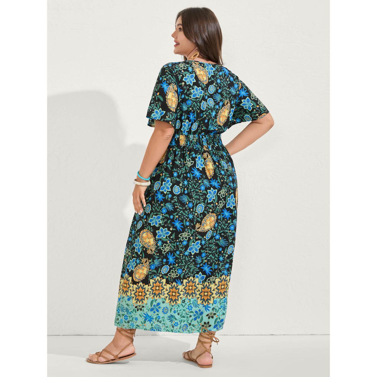 Plus Size Rayon Paisley Print Shirred Midi Dress Black Women Boho V-neck Short sleeve Curvy BloomChic 10/M Product Image