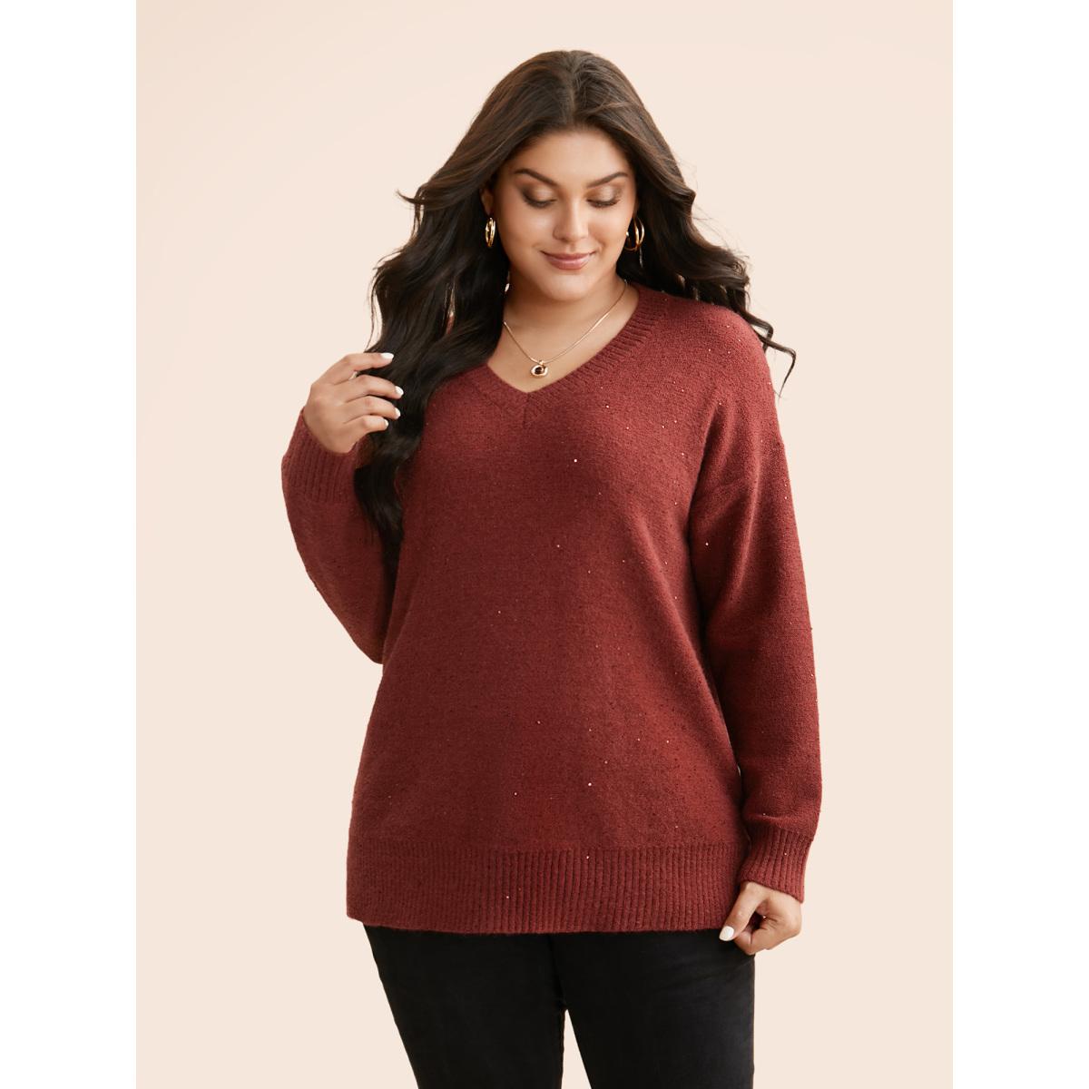 Plus Size V Neck Glitter Dropped Shoulder Split Hem Pullover Deepred Women Casual Loose Long Sleeve V-neck Everyday Pullovers BloomChic 14-16/1X Product Image