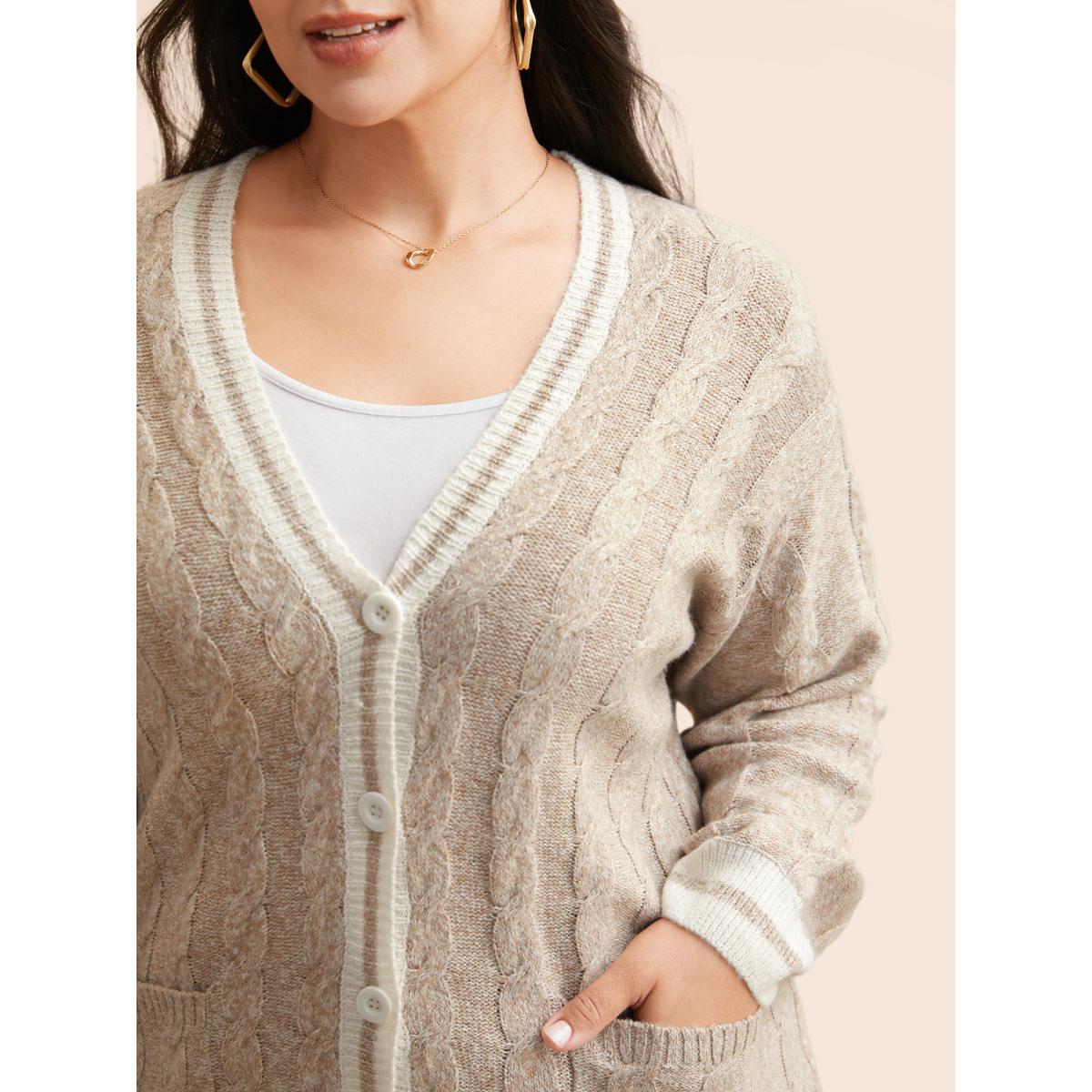 Plus Size Contrast Trim Cable Knit Pocket Cardigan Champagne Women Casual Loose Long Sleeve Everyday Cardigans BloomChic 10/M Product Image