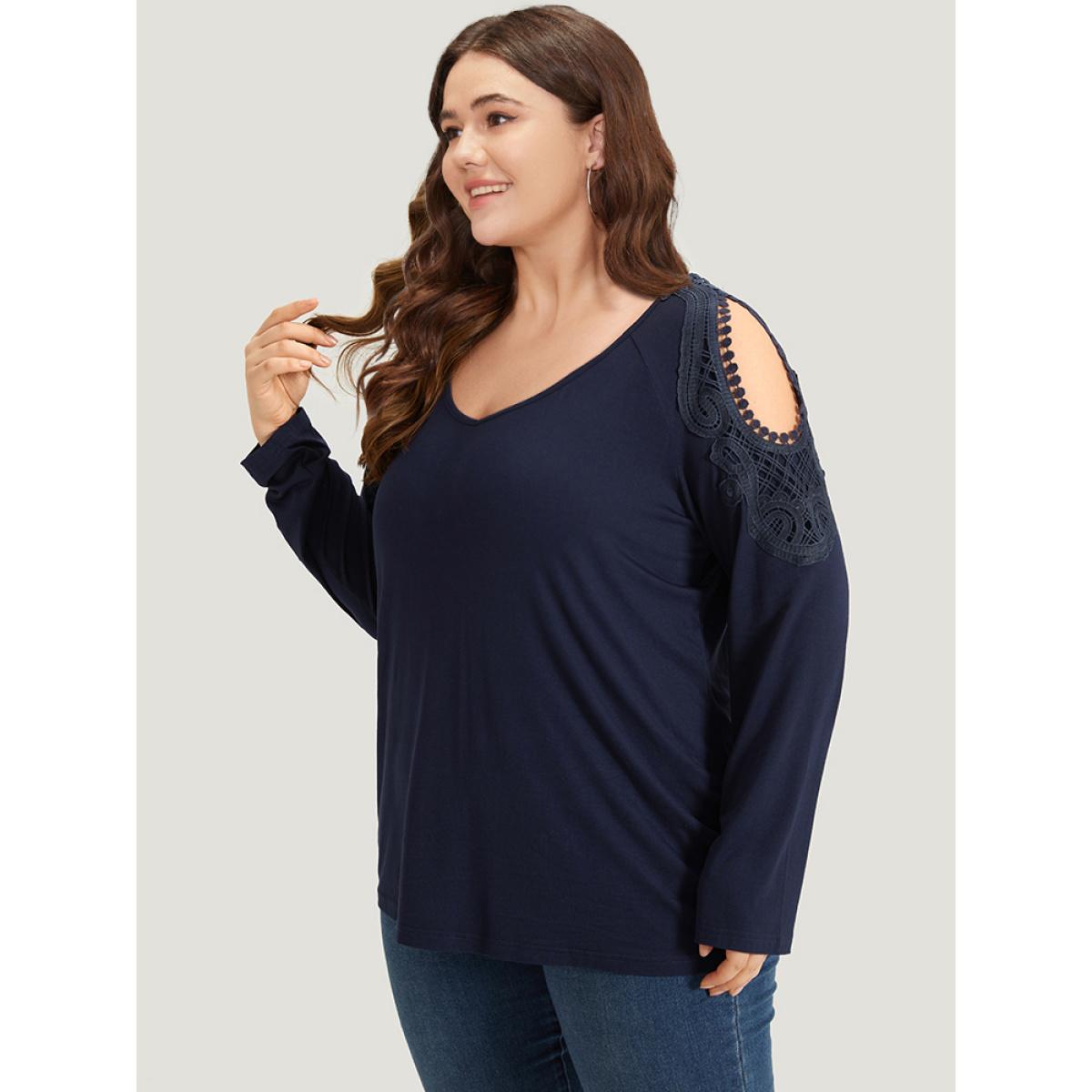 Plus Size Supersoft Essentials Cold Shoulder Eyelet Lace T-shirt Indigo Women Elegant Plain Plain V-neck Dailywear T-shirts BloomChic 14-16/1X Product Image