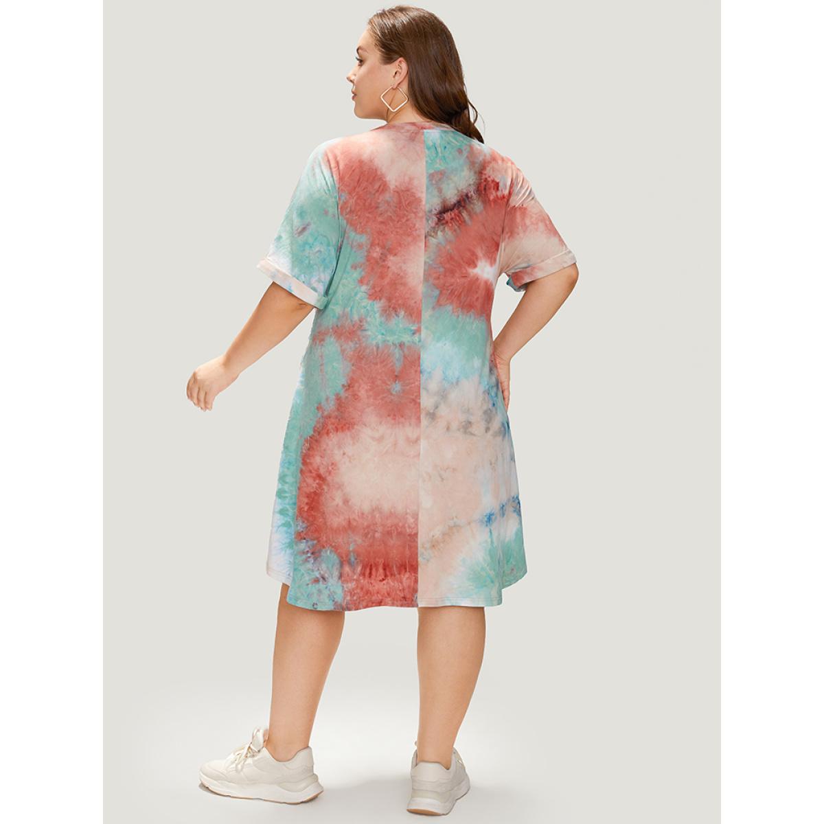 Plus Size Letter Print Pocket Tie Dye Cuffed Sleeve Dress Multicolor Women Casual Printed Curvy Midi Dress BloomChic 10/M Product Image