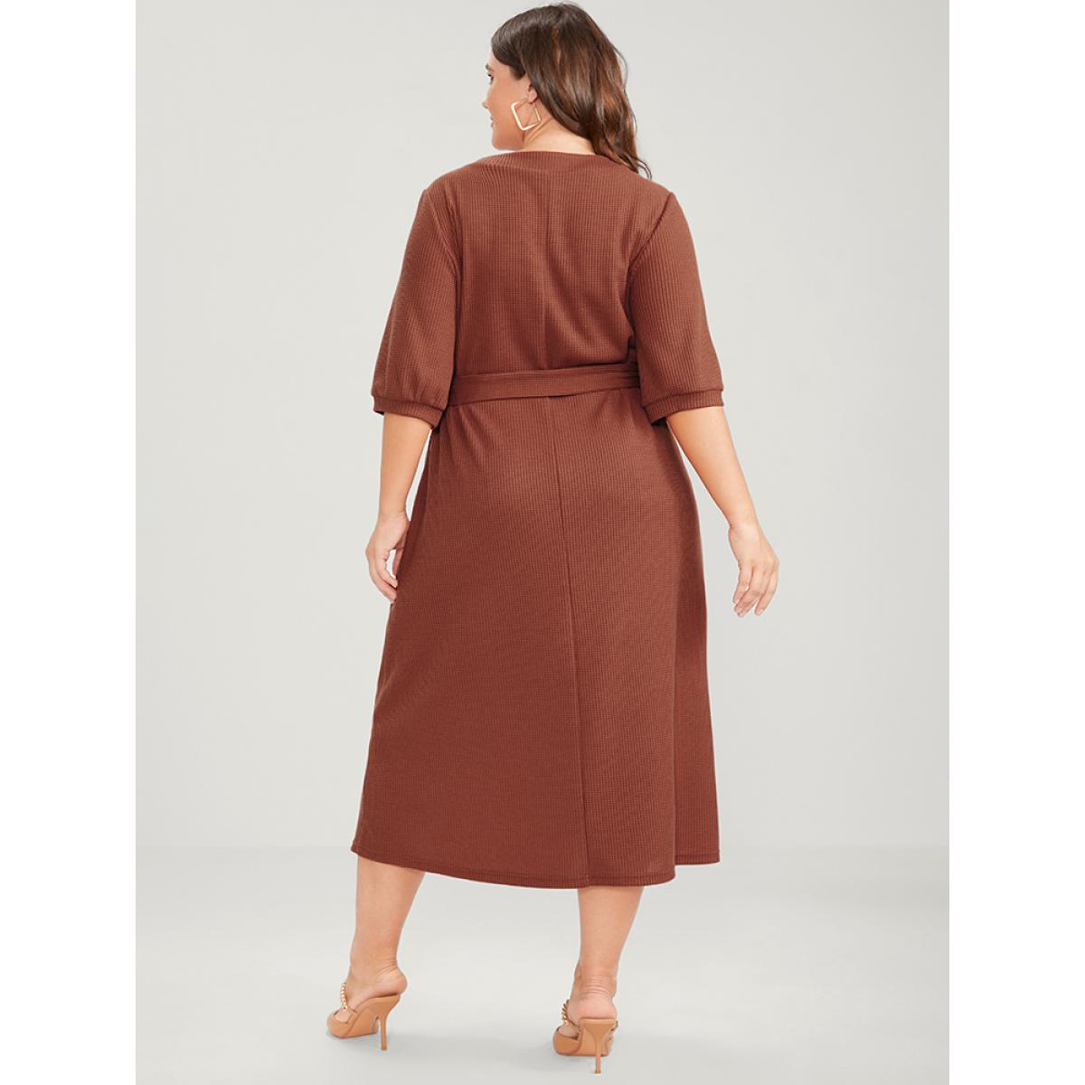 Plus Size Solid Button Detail Pocket Belted Waffle Knit Dress Chocolate Women Office Belted V-neck Half Sleeve Curvy Midi Dress BloomChic 28/5X Product Image