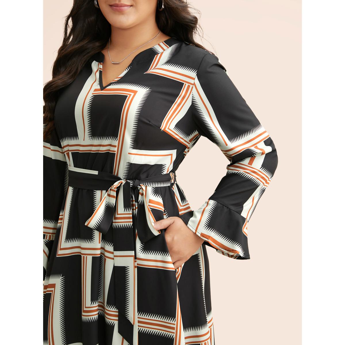 Plus Size Notched Collar Geometric Contrast Belted Dress Indigo Women At the Office Belted Notched collar Long Sleeve Curvy BloomChic 28/5X Product Image