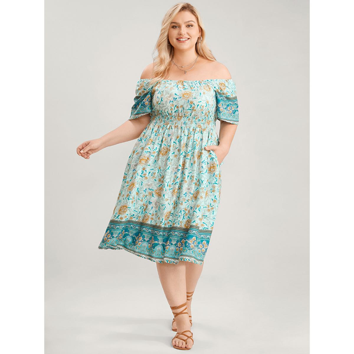 Plus Size Bandana Print Square Neck Pocket Ruffles Shirred Dress Turquoise Women Vacation Pocket Square Neck Short sleeve Curvy Knee Dress BloomChic 28/5X Product Image