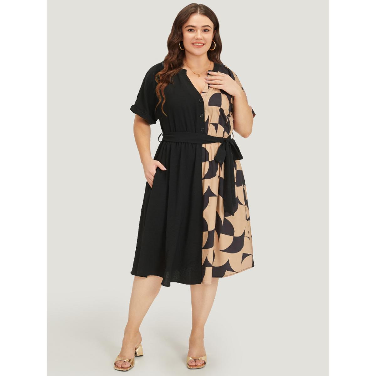 Plus Size Geometric Patchwork Pocket Belted Notched Dress Bronze Women Office Plain Notched collar Short sleeve Curvy Midi Dress BloomChic 30/6X Product Image