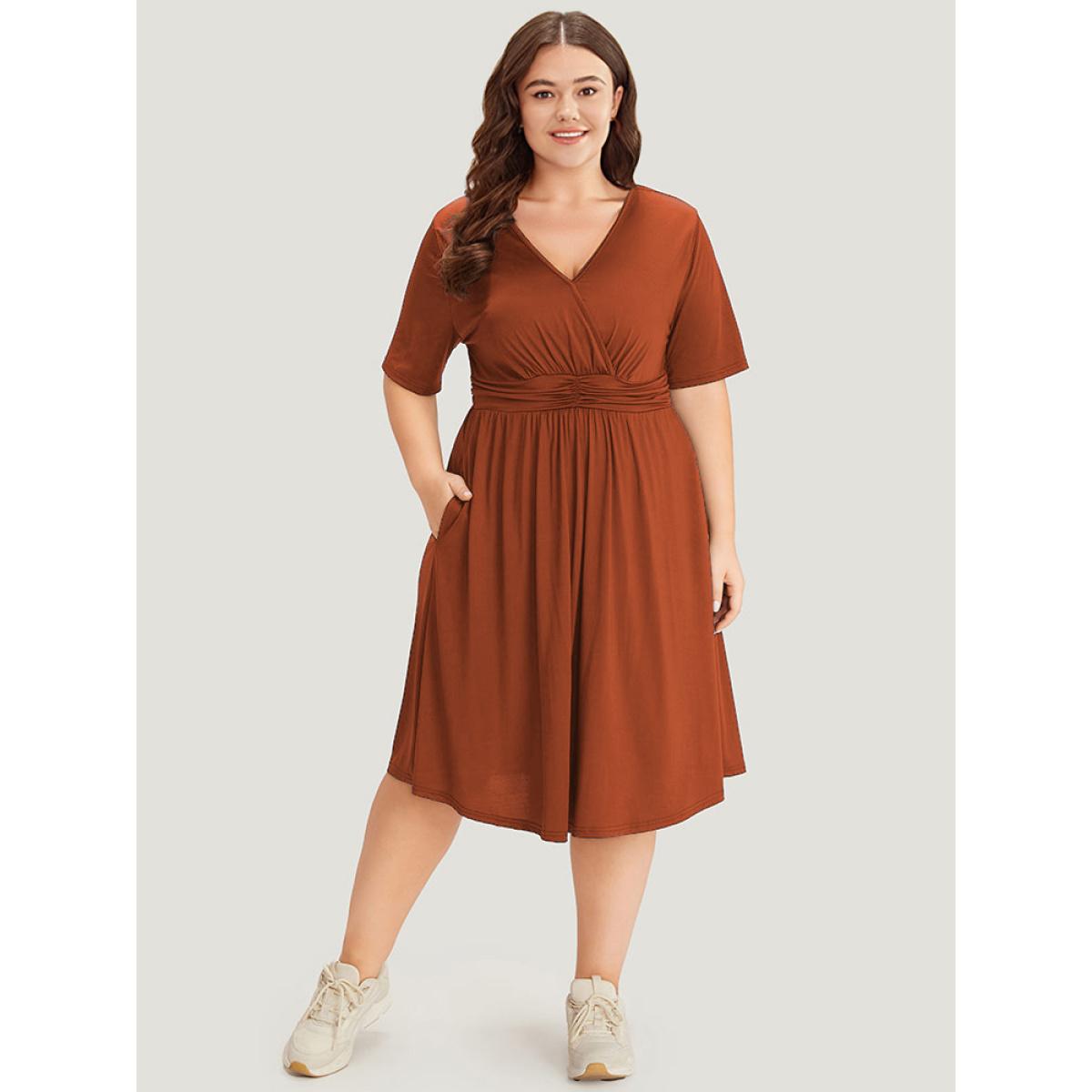Plus Size Supersoft Essentials Solid Surplice Neck Ruched Front Dress Rust Women Casual Wrap V-neck Short sleeve Curvy Midi Dress BloomChic 18-20/2X Product Image