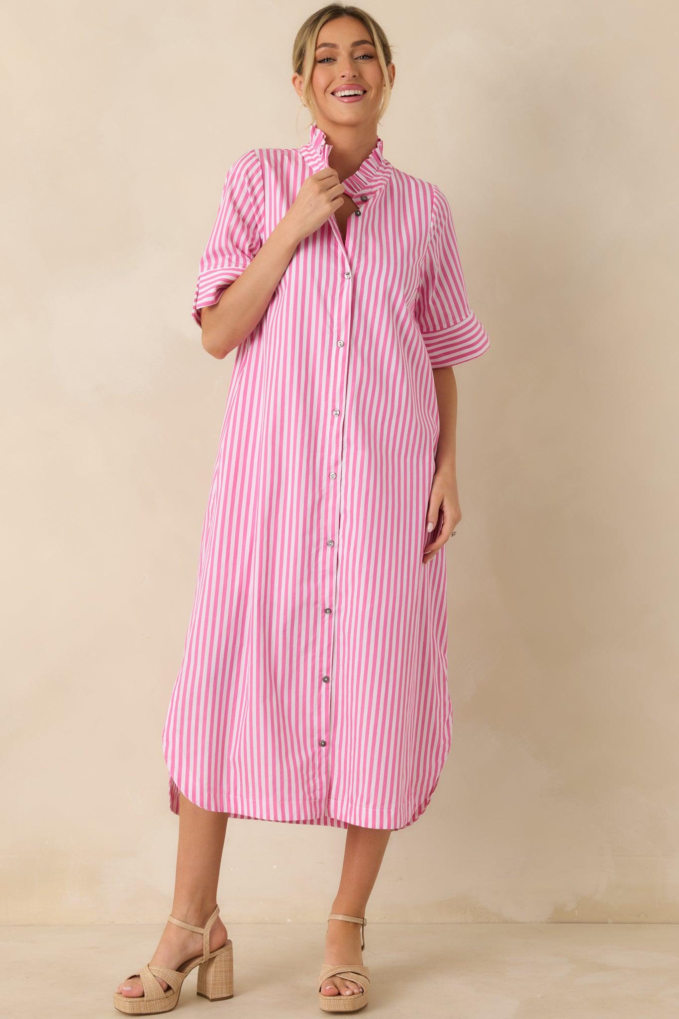 In Perfect Order Pink Stripe Button Front Ruffle Collar Midi Shirt Dress Product Image