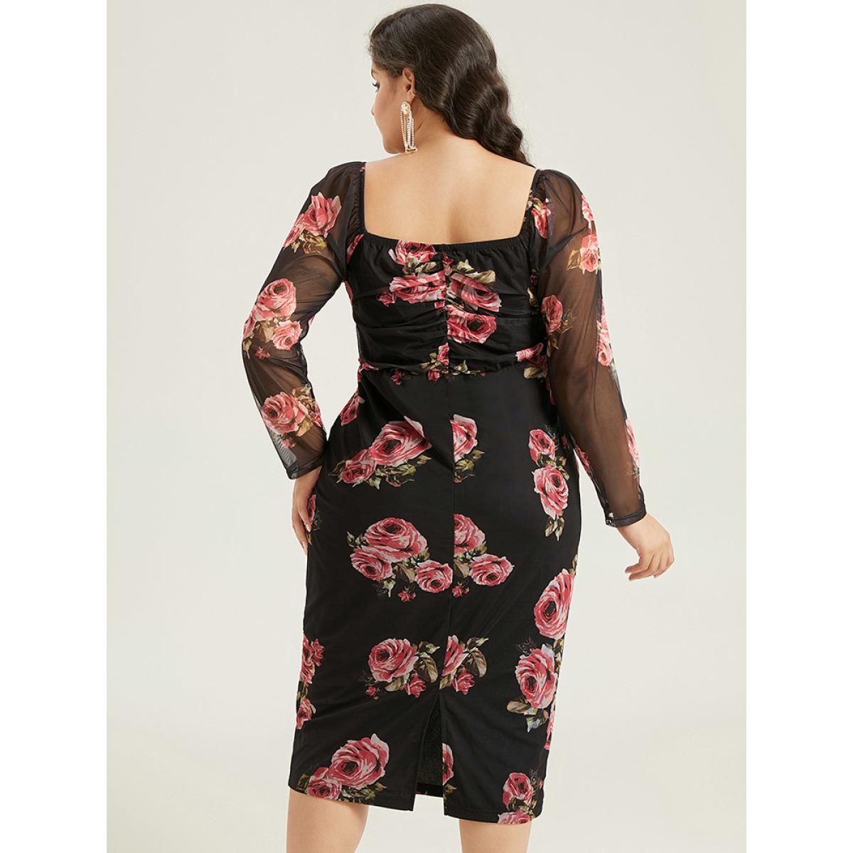 Plus Size Floral Mesh Patchwork Ruched Square Neck Split Hem Dress BlackFlower Women Cocktail Gathered Square Neck Long Sleeve Curvy Midi Dress BloomChic 26/4X Product Image