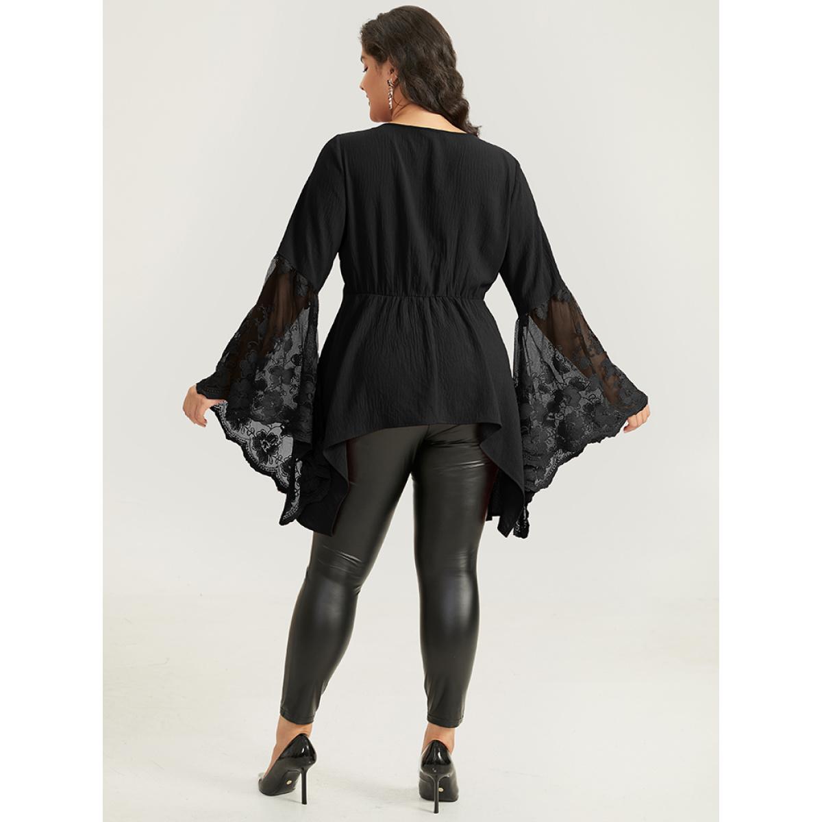Plus Size Black Halloween Solid Mesh Bell Sleeve Ruched Bowknot Blouse Women Elegant Long Sleeve V-neck Festival-Halloween Blouses BloomChic 22-24/3X Product Image