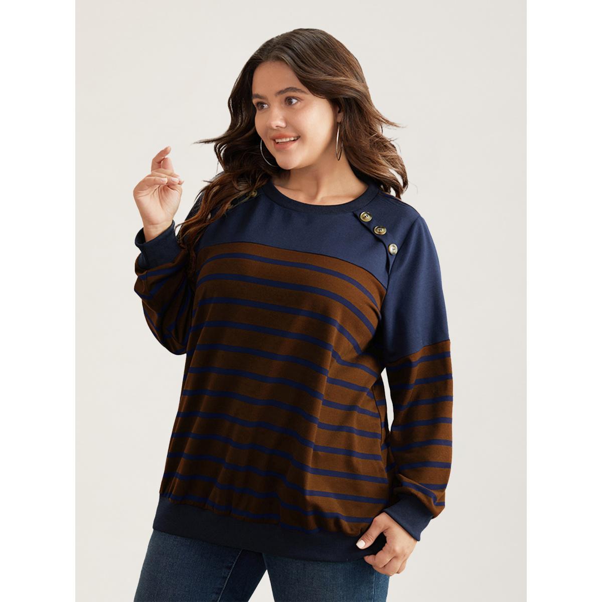 Plus Size Striped Patchwork Button Detail Sweatshirt Women Bronze Casual Non Round Neck Everyday Sweatshirts BloomChic 10/M Product Image