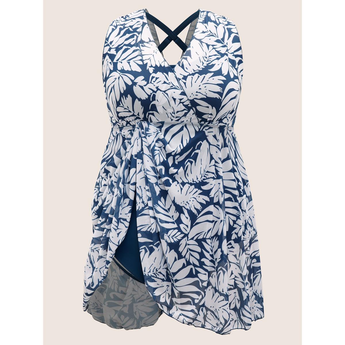 Plus Size Tropical Print V Neck Sleeveless Swim Dress Women's Swimwear Indigo Beach Bodycon V-neck High stretch Curve Swim Dresses BloomChic 10/M Product Image