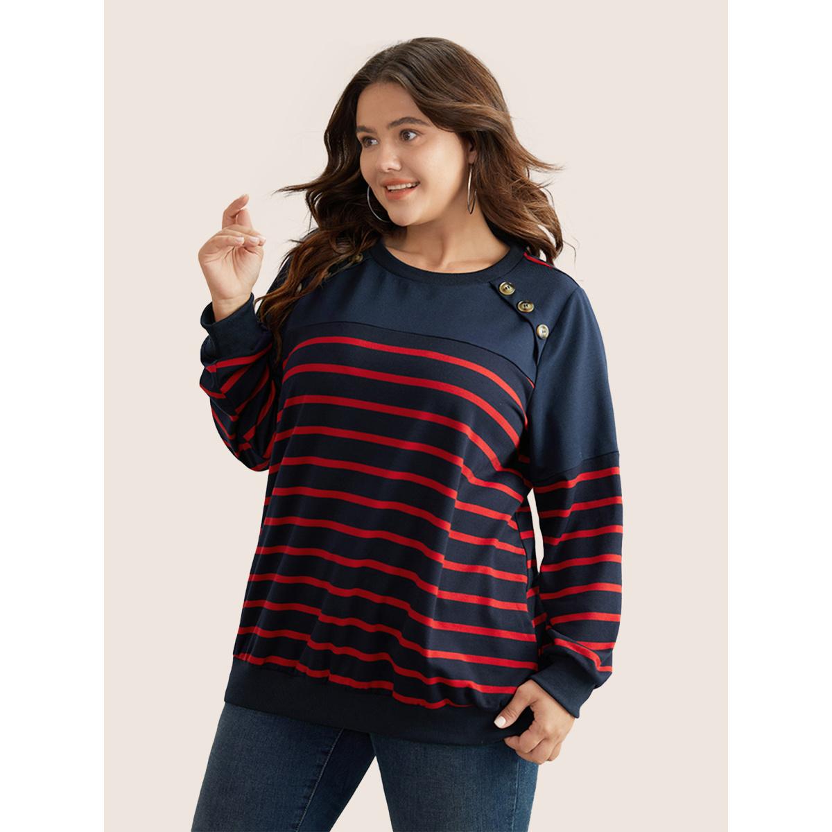 Plus Size Striped Patchwork Button Detail Sweatshirt Women Midnight Leisure Non Round Neck Casual Sweatshirts BloomChic 10/M Product Image
