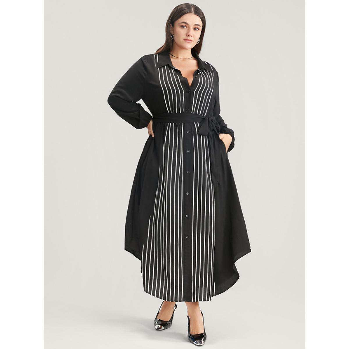 Plus Size Striped Contrast Pocket Button Detail Belted Dress Black Women Office Pocket Shirt collar Long Sleeve Curvy Long Dress BloomChic 28/5X Product Image