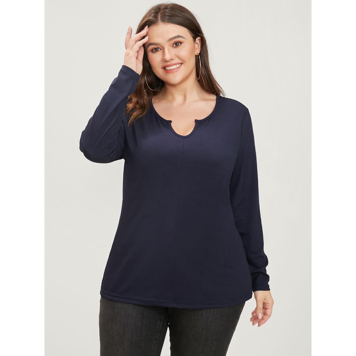 Plus Size Solid Notched Rib Knit Long Tee Midnight Women Elegant Plain V-neck Dailywear T-shirts BloomChic 18-20/2X Product Image