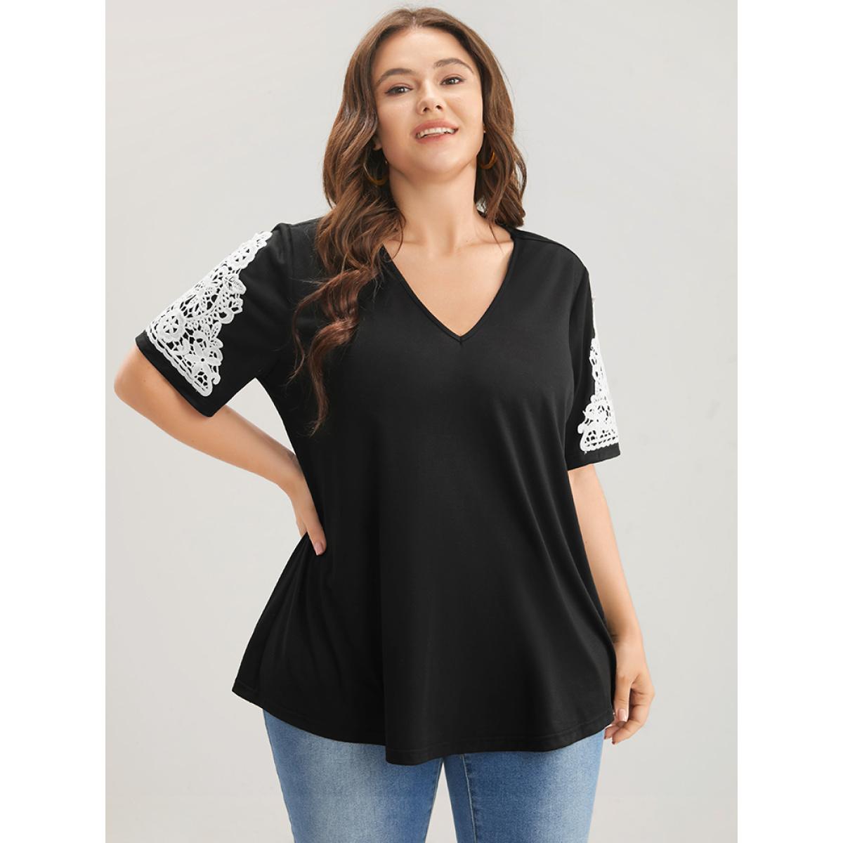 Plus Size Plain Contrast Lace V Neck T-shirt Black Women Elegant Lace Plain V-neck Dailywear T-shirts BloomChic 30/6X Product Image