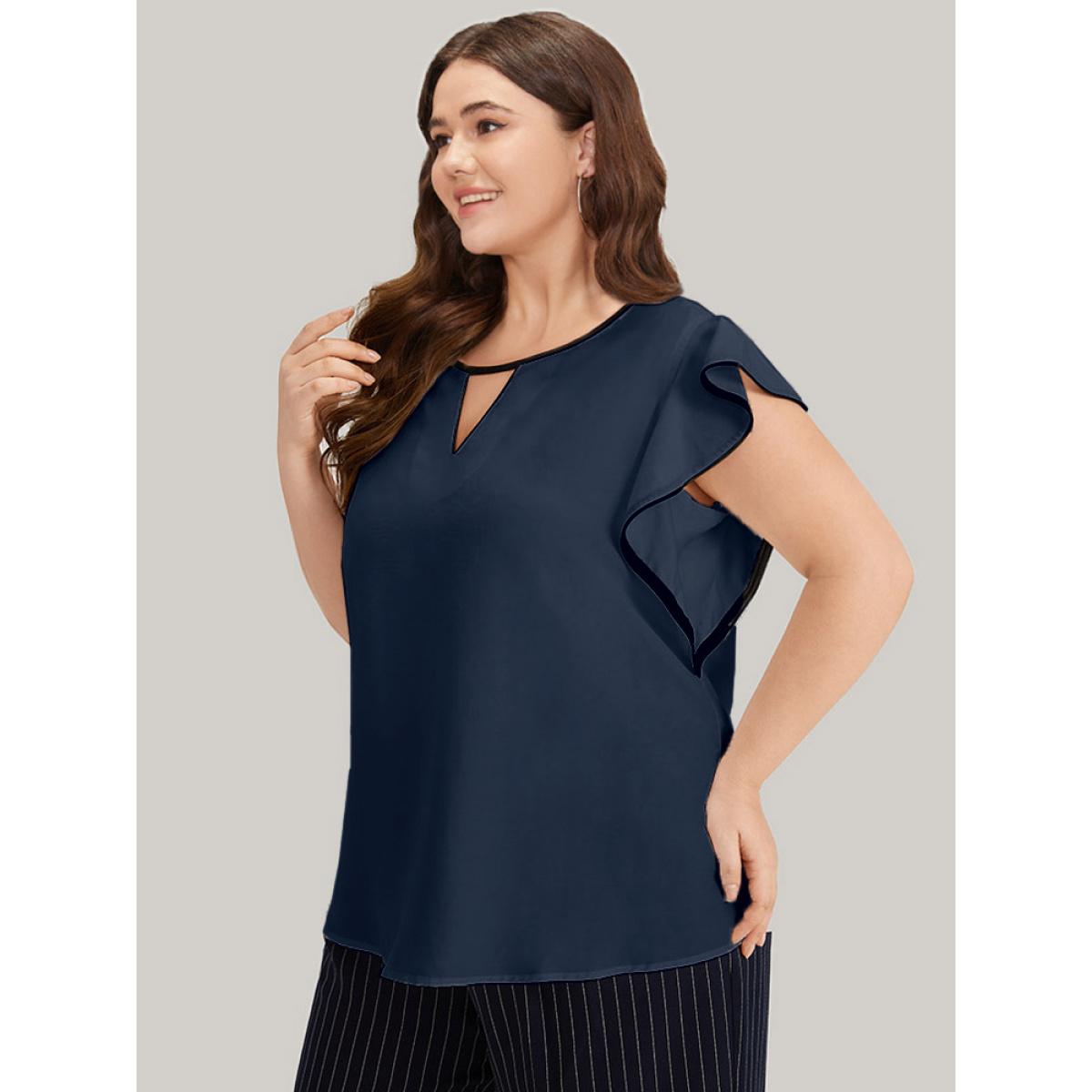 Plus Size Indigo Contrast Keyhole Ruffle Trim Cap Sleeve Blouse Women Office Cap Sleeve Keyhole Cut-Out Office Blouses BloomChic 22-24/3X Product Image