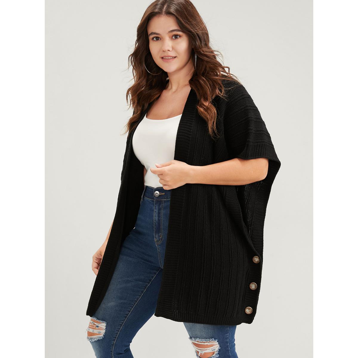 Plus Size Solid Pointelle Knit Button Hem Dolman Sleeve Open Front Cardigan Black Women Elegant Oversized Sleeveless Dailywear Cardigans BloomChic 12/L Product Image