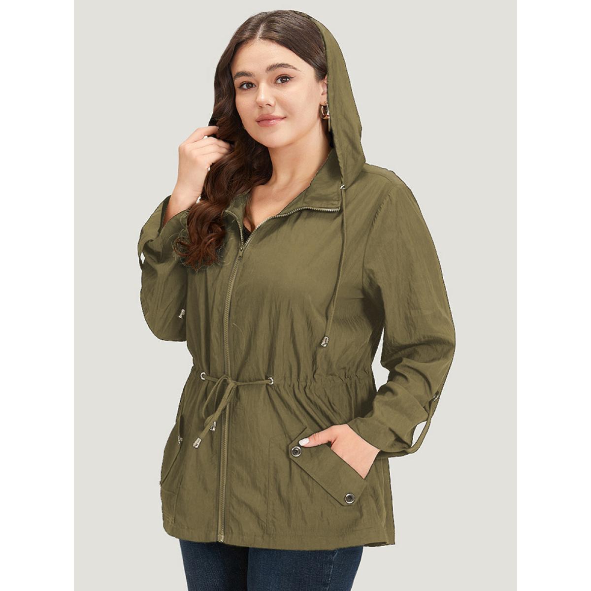 Plus Size Plain Hooded Zipper Drawstring Tab Sleeve Coat Women ArmyGreen Plain Pocket Everyday Jackets BloomChic 22-24/3X Product Image