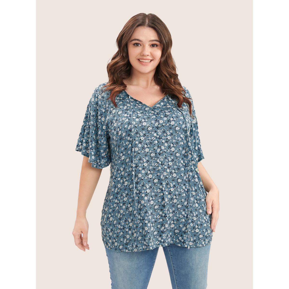Plus Size Aegean Ditsy Floral Ruffle Sleeve Tie Neck Blouse Women Elegant Short sleeve V-neck Everyday Blouses BloomChic 26/4X Product Image