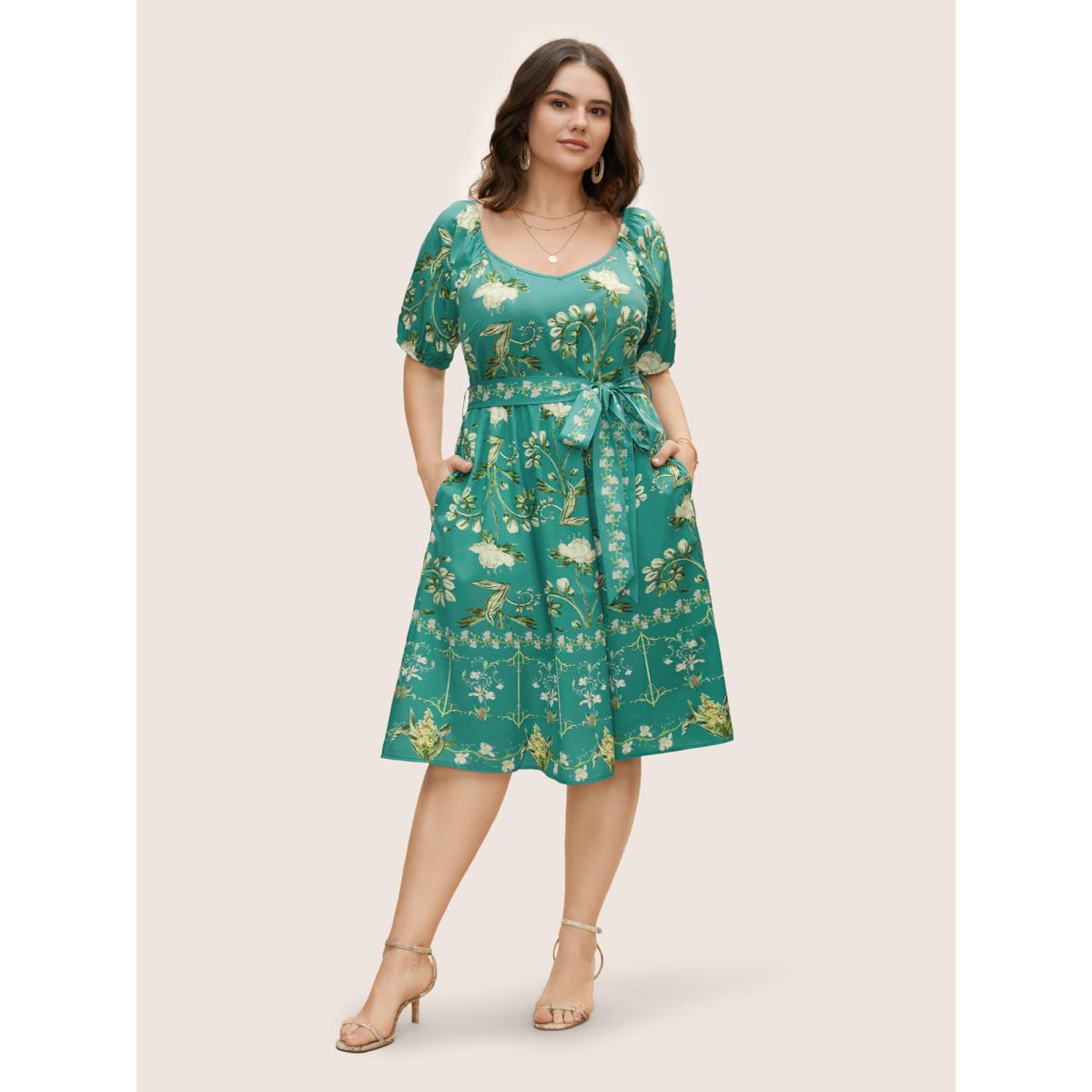 Plus Size Heart Neckline Boho Print Raglan Sleeve Dress Emerald Women Elegant Gathered Heart neckline Short sleeve Curvy BloomChic 12/L Product Image