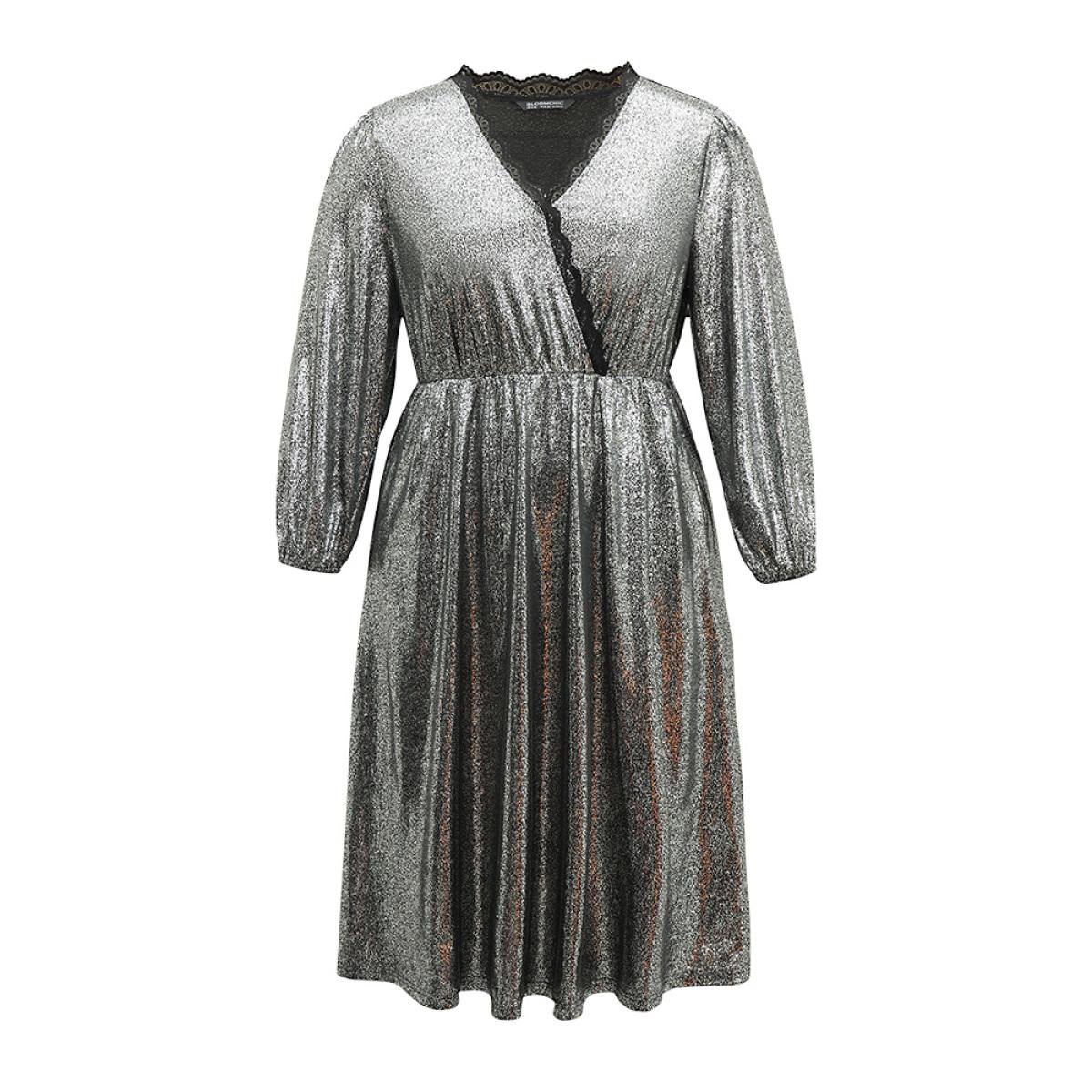 Plus Size Glitter Contrast Lace Wrap Elastic Waist Dress Black Women Party Elastic cuffs Overlap Collar Long Sleeve Curvy Midi Dress BloomChic 26/4X Product Image